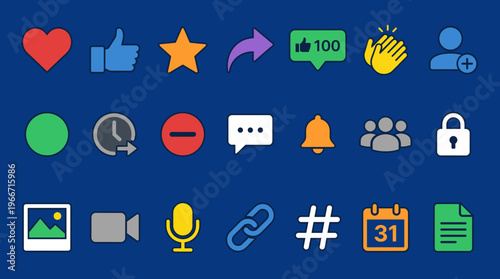 Social Media Marketing and Interface Interaction Icons Set, Heart Like, Share, Follower, Comment, Notification, Security, Video, Link and Calendar Symbols Vector