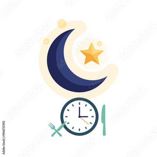 Illustration of a crescent moon and star above a clock with a fork and knife, symbolizing evening meal times or an intermittent fasting schedule.