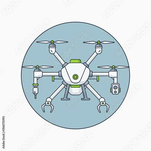 Detailed illustration of a white hexacopter drone with robotic arms and camera, set against a light blue circular background.