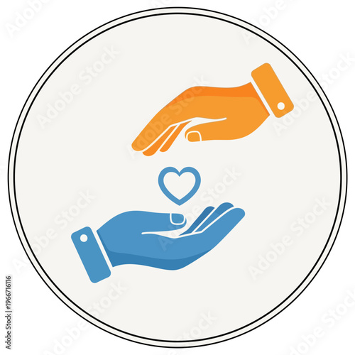Graphic illustration of two hands, one orange and one blue, exchanging a heart symbol, representing concepts of giving, receiving, charity, and care within a circular frame.