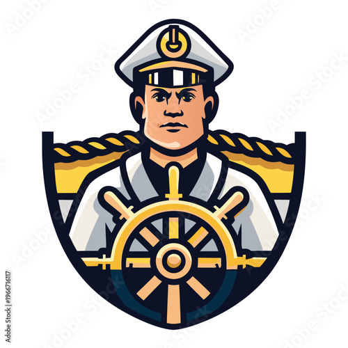 Stern faced ship captain steering a vessel with a golden wheel and nautical rope