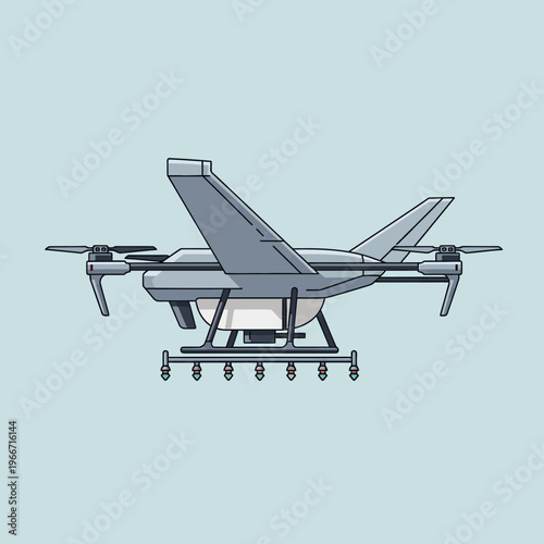 Grey hybrid drone with fixed wings and multiple rotors carrying a payload, depicted against a light blue background.