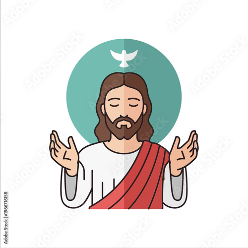 Cartoon illustration of Jesus Christ with a halo and a dove, hands open in a blessing gesture, representing spirituality and faith.