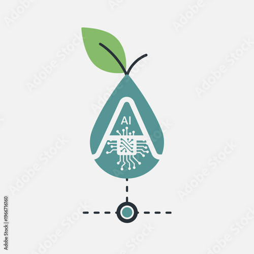 AI and nature integration concept with a leaf, water drop, circuit board, and network connection.
