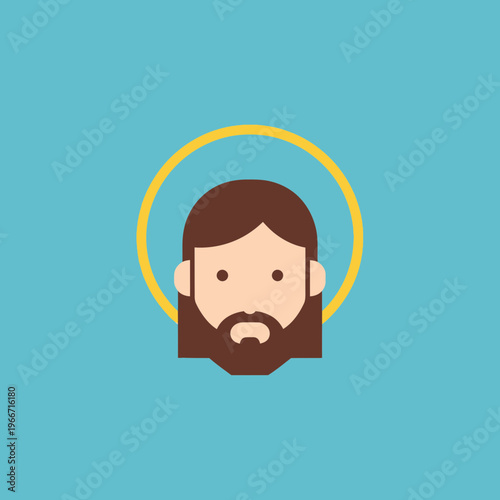 Flat design illustration of a man with a beard and a yellow halo on a blue background, representing a religious figure or saint.