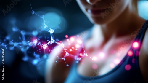 Growth hormone molecules with female body sculpting science concept