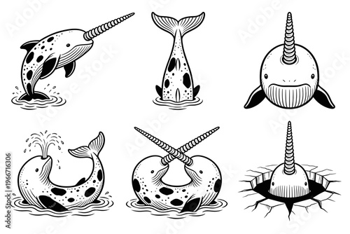 Narwhal Whale Vector Illustration Set in Black and White Line Art Style, Arctic Sea Animal Swimming, Breaching and Diving Sea Life Graphics