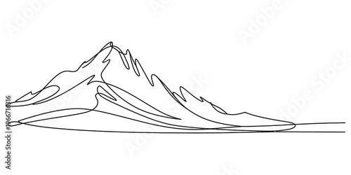 Minimalist continuous line drawing of a majestic mountain peak with jagged ridges on white.