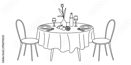 Black and white line drawing of a romantic dinner setting for two with wine and flowers