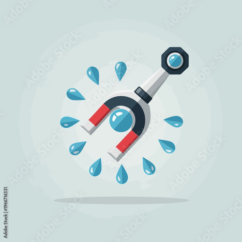 A stylized horseshoe magnet attracting a blue sphere amidst splashing water droplets, illustrating magnetic force and scientific principles.