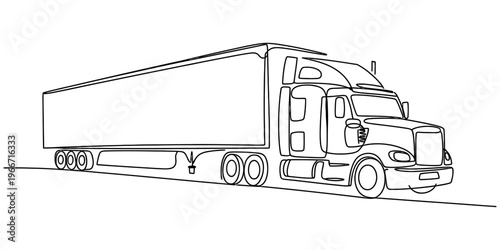 Minimalist continuous line drawing of a heavy semi-trailer truck for transportation