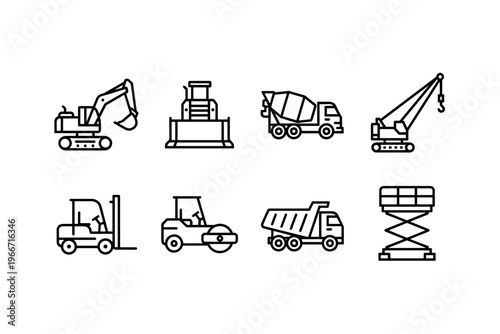 Construction Heavy Machinery Outline Icons Set, Excavator, Bulldozer, Concrete Mixer, Crane, Forklift, Roller and Dump Truck Vector Symbols