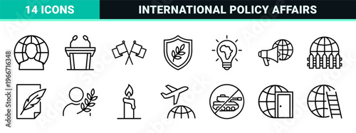 Diplomacy and Global Relations Minimalist Monoline Icon Set. Geometric Line Art for International Policy, Peace Treaties, and Summit Events.