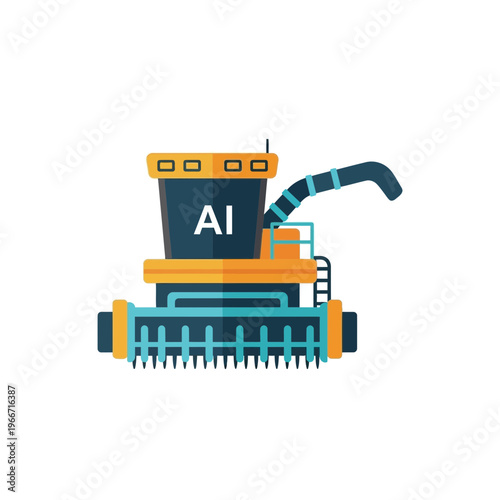 Flat design illustration of a modern combine harvester with AI technology, representing smart agriculture and automation.