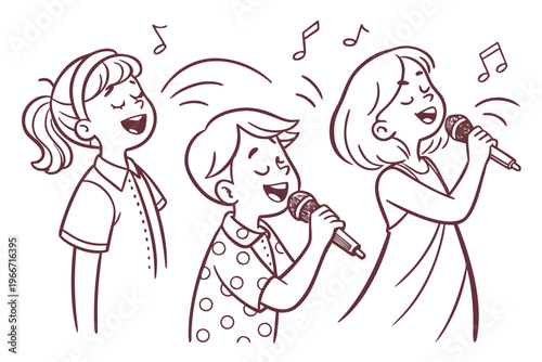 Cute children singing in music class cartoon design