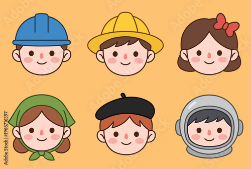 Diverse Professions Avatars Icons Set for Kids, Construction Worker, Fireman, Girl, Chef, Artist and Astronaut Character Faces Vector Illustration