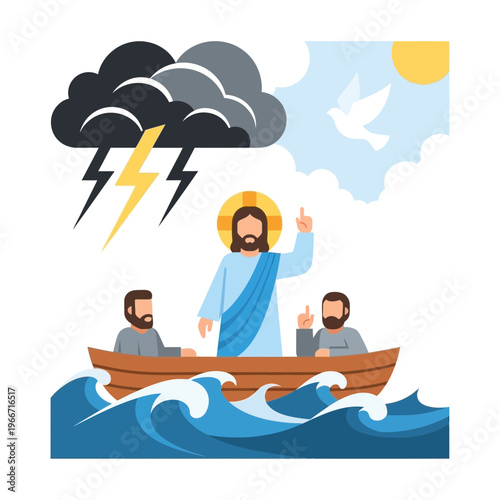 Jesus Christ calming the storm on the Sea of Galilee with his disciples in a boat, a biblical miracle scene.