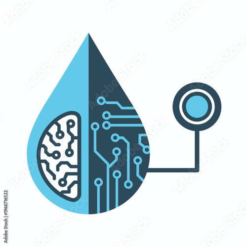 A stylized teardrop icon representing smart water technology, integrating artificial intelligence with digital circuitry and data monitoring.