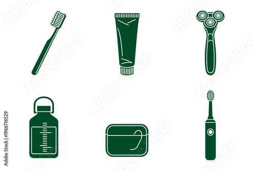 Professional Dental Care and Grooming Hygiene Icons Set Featuring Toothbrush Toothpaste Razor and Floss Isolated on Green Background Vector Design