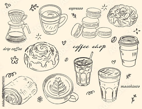 Hand-Drawn Vintage Coffee Shop Elements and Pastry Illustrations Set