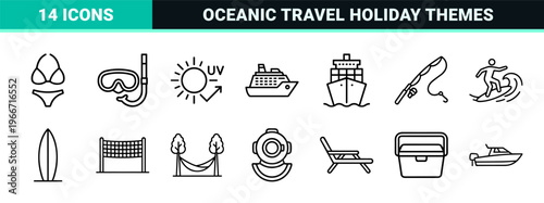 Marine Summer Recreation and Coastal Tourism Outline Symbols featuring Minimalist Monoline Geometric Line Art for Commercial Design
