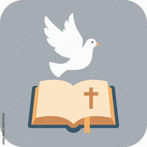 A white dove flying above an open Bible with a cross symbol and a bookmark, set against a grey background.