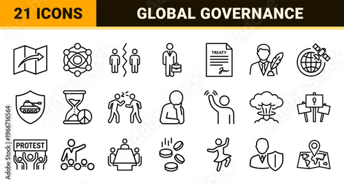 Diplomacy and Global Politics Minimalist Monoline Icon Set; Geometric Line Art for International Relations, Governance, and Peace Treaties