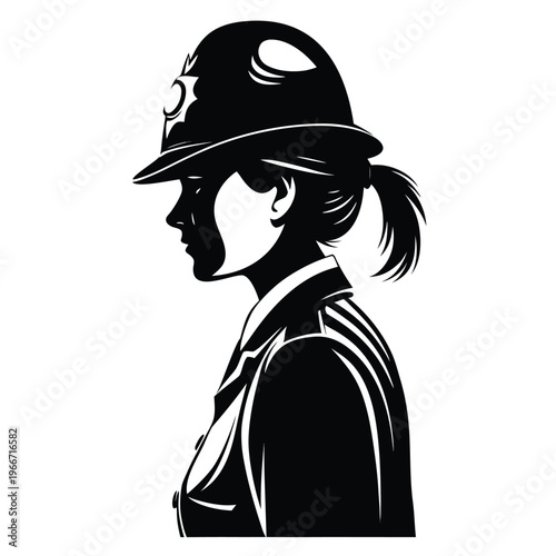 Strong female police officer in uniform wearing classic British helmet profile silhouette