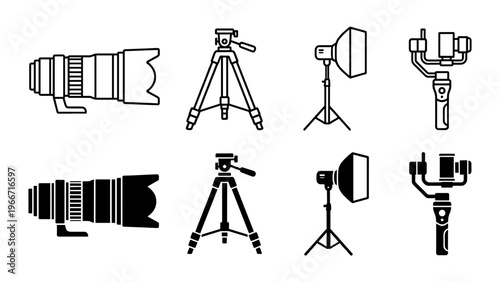 Professional Photography and Video Production Equipment Icons Set with Camera Lens Tripod Softbox Light and Gimbal Stabilizer Vector Illustration