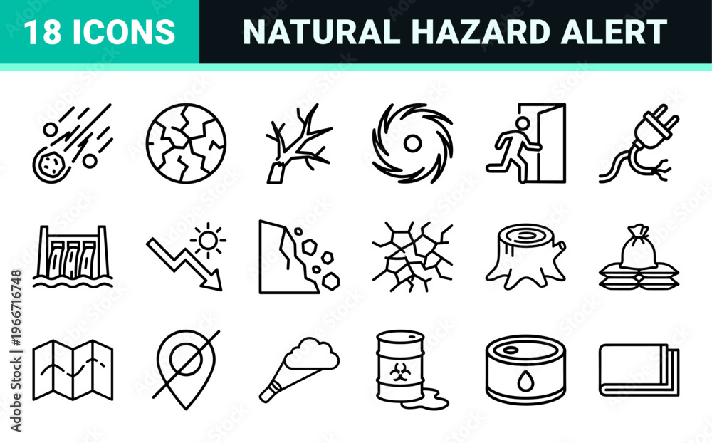 Obraz premium Natural Disaster and Emergency Weather Hazard Icons featuring Minimalist Geometric Line Art for Crisis Management and Safety Signage