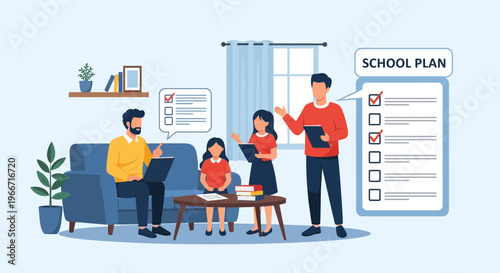 Family Discussing School Plans and Tasks Together in Their Living Room, With Checklists and Laptops