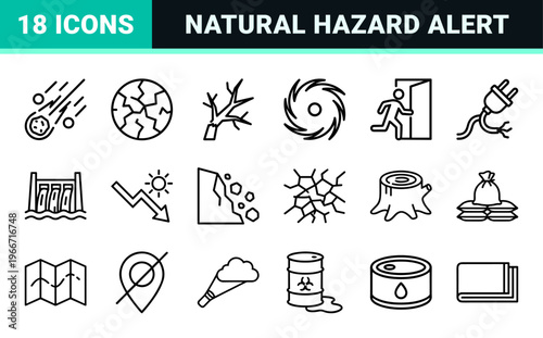 Natural Disaster and Emergency Weather Hazard Icons featuring Minimalist Geometric Line Art for Crisis Management and Safety Signage