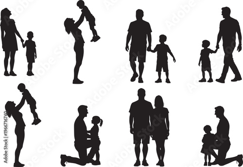 Silhouettes of adults and children interacting in various poses, symbolizing parenting, family bonding, caregiving, emotional connection, childhood, and 