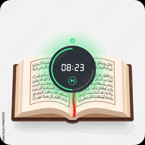 An open holy book, possibly the Quran, with Arabic script, featuring a digital timer displaying 08:23 and a play icon, suggesting a reading or recitation session.