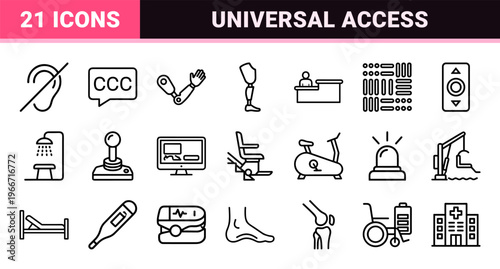 Disability Awareness and Universal Accessibility Geometric Line Art Featuring Inclusive Mobility Aids and Assistive Technology Outline Symbols