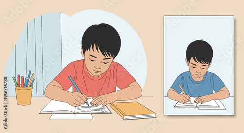 A young boy diligently practicing writing in a notebook with a pen, beside a closed book on his desk.