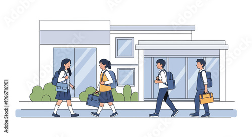 Students in Uniforms Walking to School with Backpacks Past a Modern Building