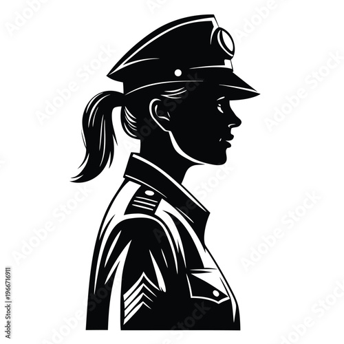 Distinguished female law enforcement professional in uniform with service cap profile