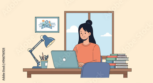 Young woman studying at her desk with a laptop and books, bathed in natural light from the window.