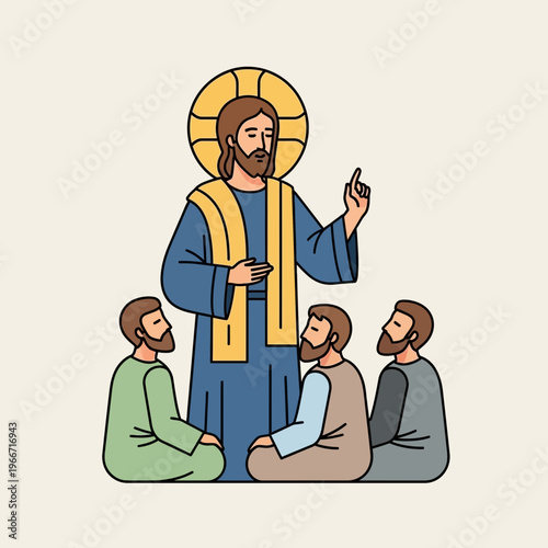 Illustration of Jesus Christ teaching his disciples, with a halo and robes, while they sit on the ground listening intently to his sermon.