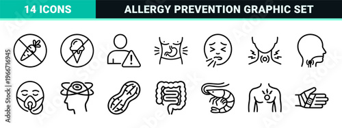 Minimalist Health Symptoms and Allergy Triggers Monoline Icon Set featuring Geometric Line Art for Medical Diagnostics and Wellness Apps