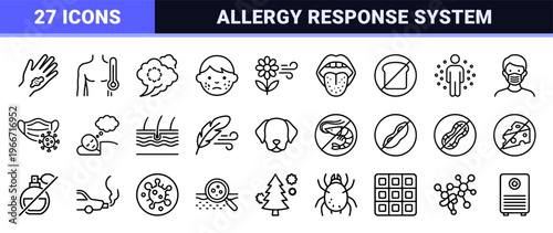 Allergy and Immunology Healthcare Line Icons Featuring Dermatological Symptoms, Food Sensitivity Triggers, and Respiratory Medical Symbols.