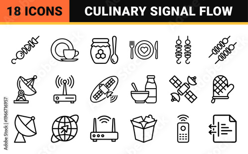 Minimalist monoline geometric line art featuring diverse culinary elements and telecommunication satellite technology interface symbols.