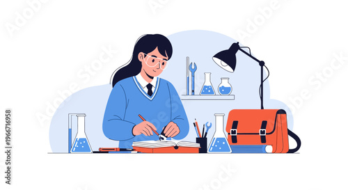 Young student in protective glasses diligently studying science at a desk with lab equipment and books