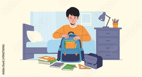 Young student packing a blue backpack with books and supplies for school, getting ready for learning