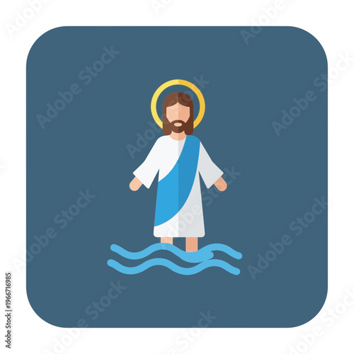 Stylized illustration of Jesus Christ with a halo standing in water, depicting a religious scene or baptism.
