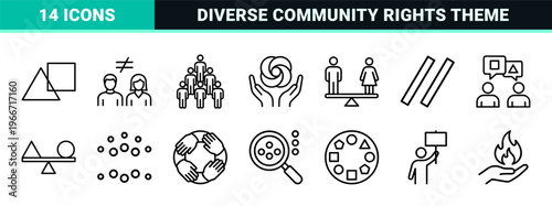 Social Diversity and Human Rights Global Inclusion Concept, Minimalist Geometric Line Art Icons for Community Equality and Unity.