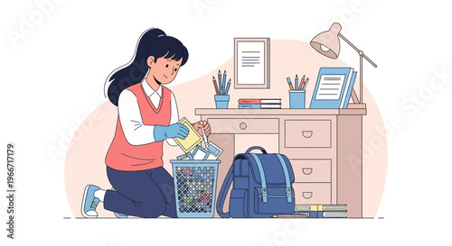 Student tidying up her school bag and desk to organize her study space
