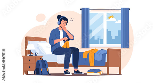 Young student listening to music while deciding on clothes for the day in a bedroom