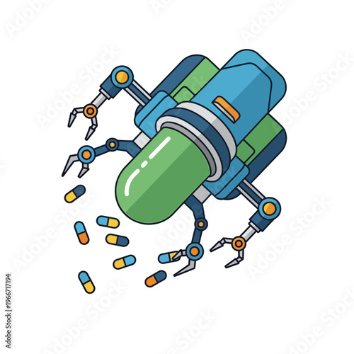 A robotic device, resembling a large green capsule, dispensing numerous smaller colorful pills.
